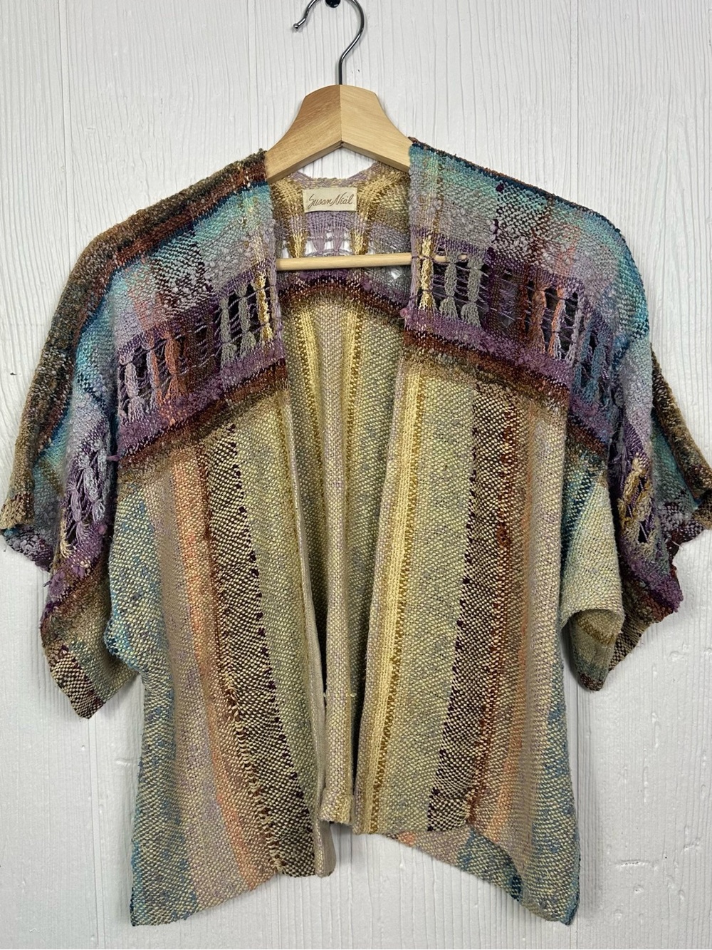 Vintage Susan Neal Cotton BurlapOpen Front Crop Cardigan Artisan